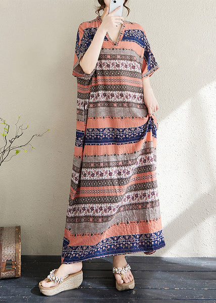 Dresses Summer Print Orange Long Striped Oversized Style Cotton FashionChic