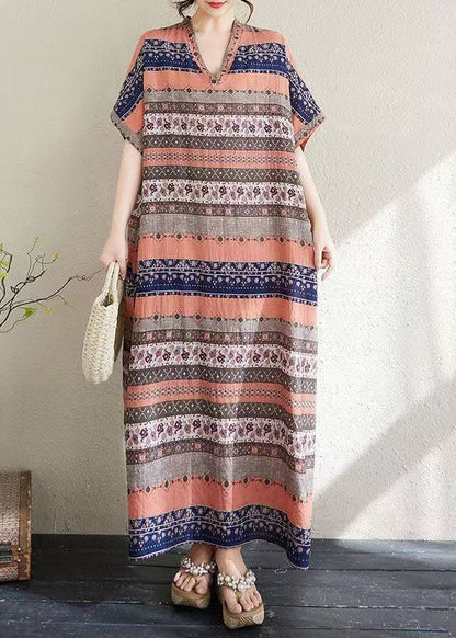 Dresses Summer Print Orange Long Striped Oversized Style Cotton FashionChic