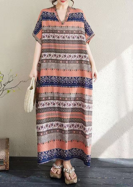 Dresses Summer Print Orange Long Striped Oversized Style Cotton FashionChic