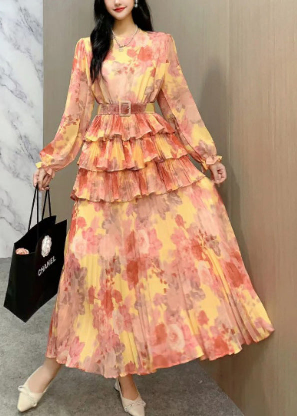 Style Orange Ruffled Patchwork Tie Waist Chiffon Dresses Long Sleeve XX039 SH-LF-FDL240611