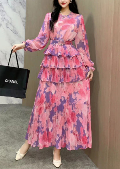 Style Orange Ruffled Patchwork Tie Waist Chiffon Dresses Long Sleeve XX039 SH-LF-FDL240611