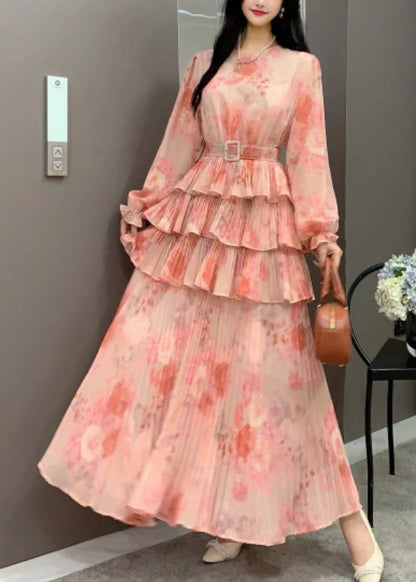Style Orange Ruffled Patchwork Tie Waist Chiffon Dresses Long Sleeve XX039 SH-LF-FDL240611