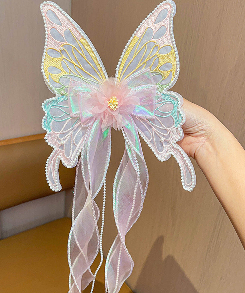 Style Pink Alloy Pearl Tulle Butterfly Ribbon Girls Hairpin YG026 ABC