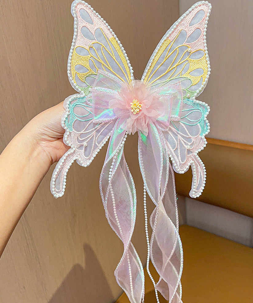 Style Pink Alloy Pearl Tulle Butterfly Ribbon Girls Hairpin YG026 ABC