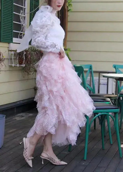 Style Pink Asymmetrical Wrinkled Elastic Waist Tulle Skirts Spring Ada Fashion