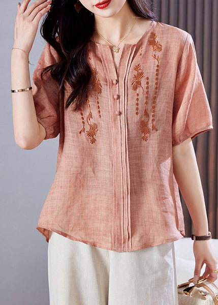 Linen Summer Style Top Shirt Embroidered Pink FashionChic