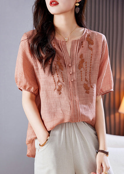 Linen Summer Style Top Shirt Embroidered Pink FashionChic