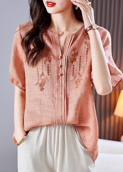 Linen Summer Style Top Shirt Embroidered Pink FashionChic