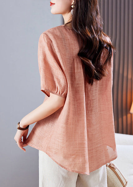 Linen Summer Style Top Shirt Embroidered Pink FashionChic