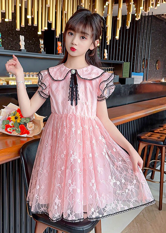 Style Pink O-Neck Bow Patchwork Tulle Kids Maxi Gowns Dress Summer XZ003 SDGL240618