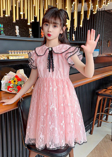 Style Pink O-Neck Bow Patchwork Tulle Kids Maxi Gowns Dress Summer XZ003 SDGL240618