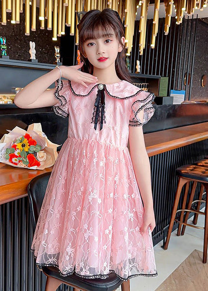 Style Pink O-Neck Bow Patchwork Tulle Kids Maxi Gowns Dress Summer XZ003 SDGL240618