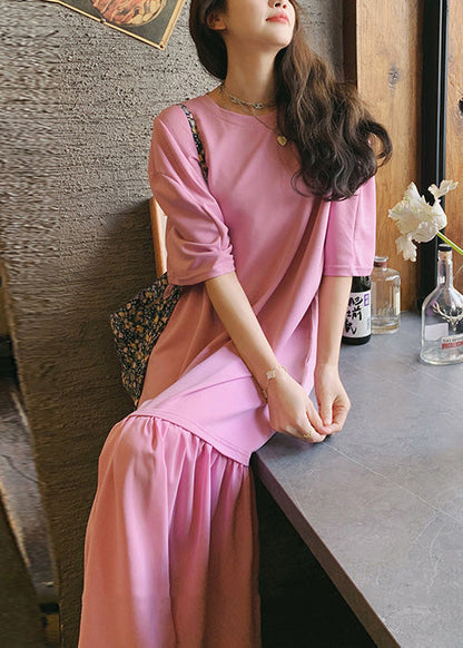 Style Pink O Neck Patchwork Cotton T Shirt Dresses Summer XX056 SH-LF-SDL240611