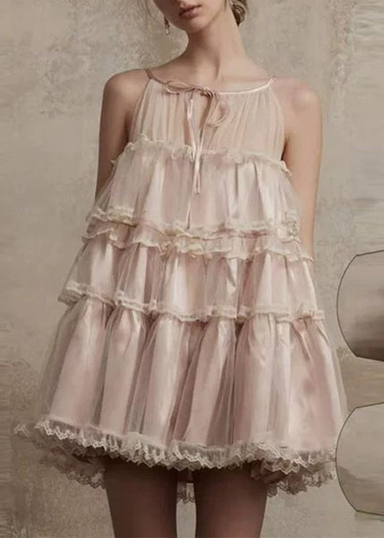 Summer Style Lace Mid Tulle Dress Ruffled Pink O-Neck Patchwork FashionChic