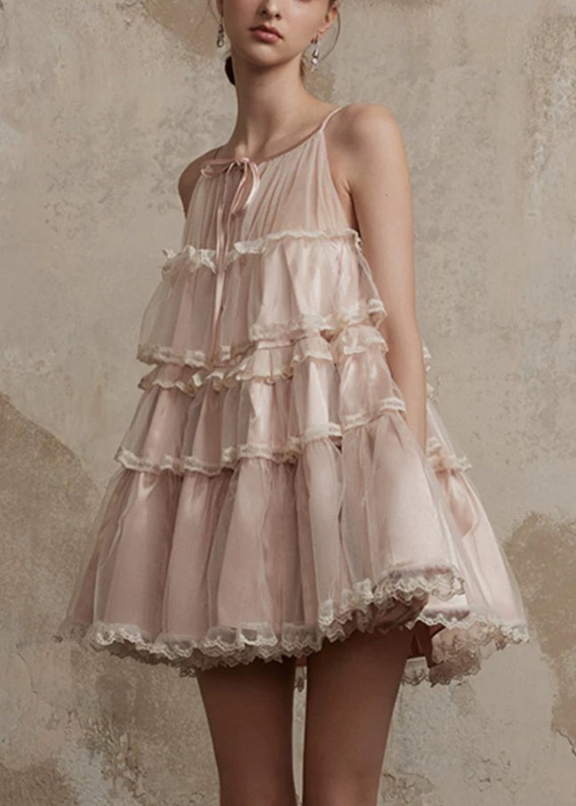 Summer Style Lace Mid Tulle Dress Ruffled Pink O-Neck Patchwork FashionChic