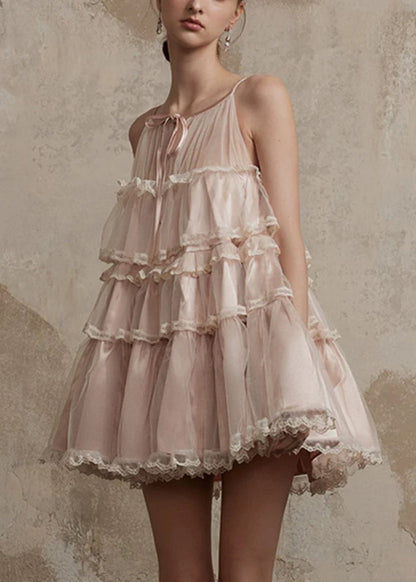 Summer Style Lace Mid Tulle Dress Ruffled Pink O-Neck Patchwork FashionChic