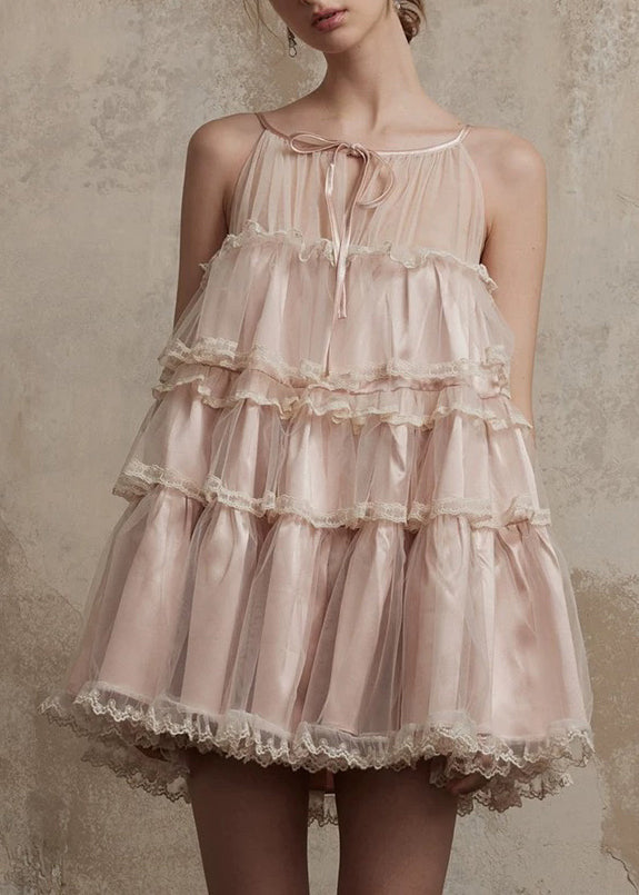 Summer Style Lace Mid Tulle Dress Ruffled Pink O-Neck Patchwork FashionChic