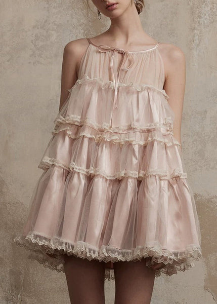 Summer Style Lace Mid Tulle Dress Ruffled Pink O-Neck Patchwork FashionChic