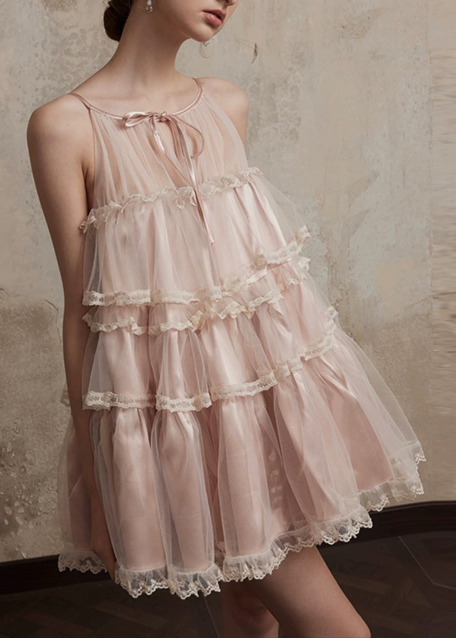Summer Style Lace Mid Tulle Dress Ruffled Pink O-Neck Patchwork FashionChic