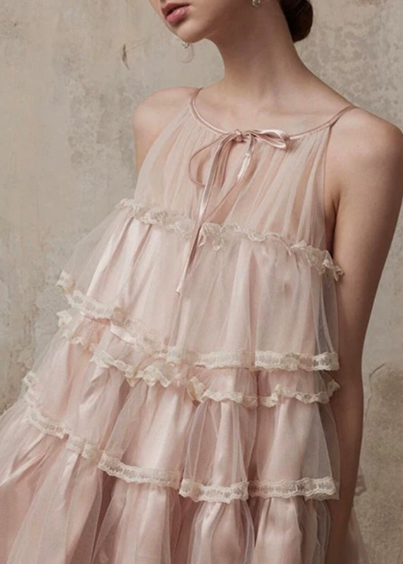 Summer Style Lace Mid Tulle Dress Ruffled Pink O-Neck Patchwork FashionChic