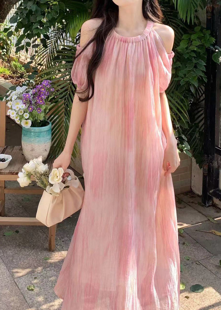 Style Pink Off The Shoulder Puff Sleeve Chiffon Dress XX059 SH-LF-SDL240611