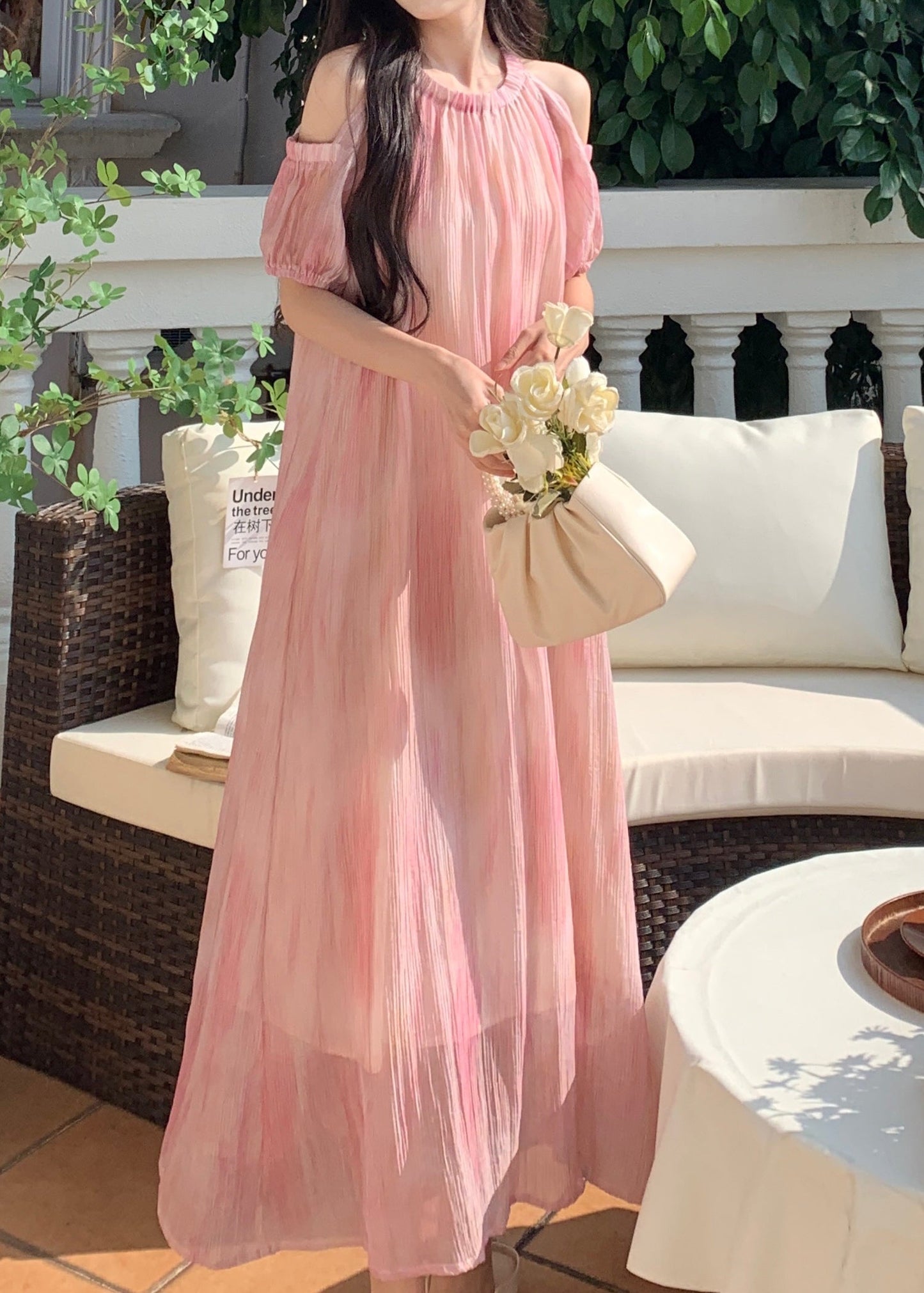 Style Pink Off The Shoulder Puff Sleeve Chiffon Dress XX059 SH-LF-SDL240611