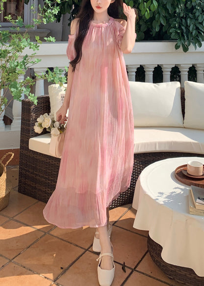 Style Pink Off The Shoulder Puff Sleeve Chiffon Dress XX059 SH-LF-SDL240611