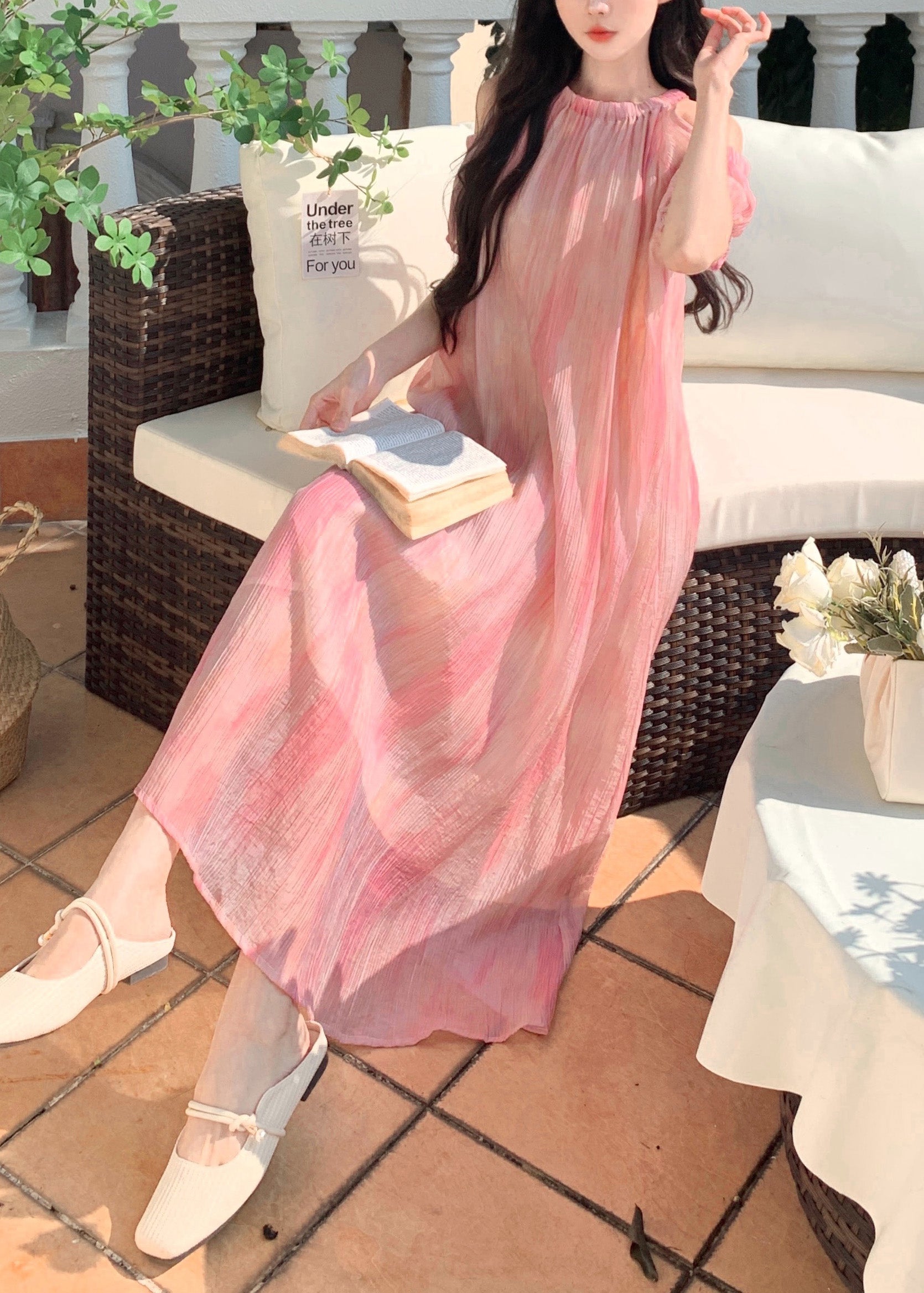 Style Pink Off The Shoulder Puff Sleeve Chiffon Dress XX059 SH-LF-SDL240611