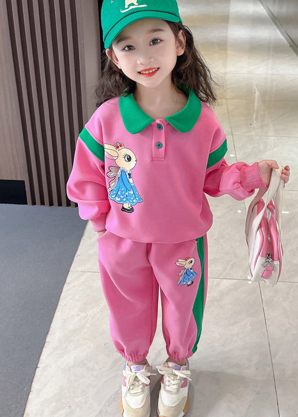 Style Pink Peter Pan Collar Patchwork Animal Kids Top And Pants Two Pieces Set Spring TR019 ABC