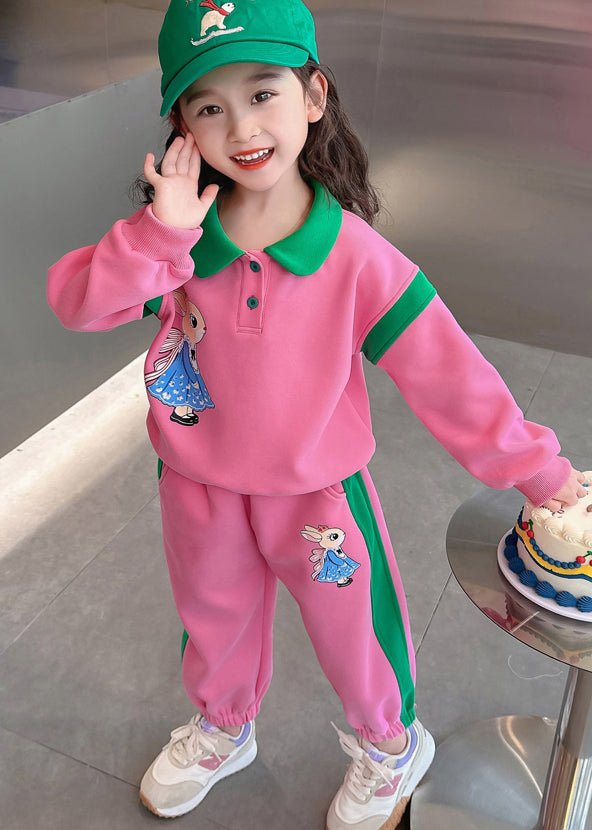 Style Pink Peter Pan Collar Patchwork Animal Kids Top And Pants Two Pieces Set Spring TR019 ABC