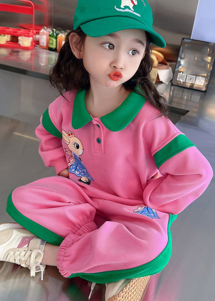 Style Pink Peter Pan Collar Patchwork Animal Kids Top And Pants Two Pieces Set Spring TR019 ABC