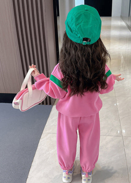 Style Pink Peter Pan Collar Patchwork Animal Kids Top And Pants Two Pieces Set Spring TR019 ABC