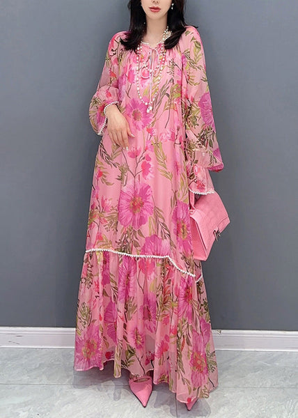 Style Pink Print Patchwork Chiffon Dress Long Sleeve EE1002 SH-LF-FDL240517