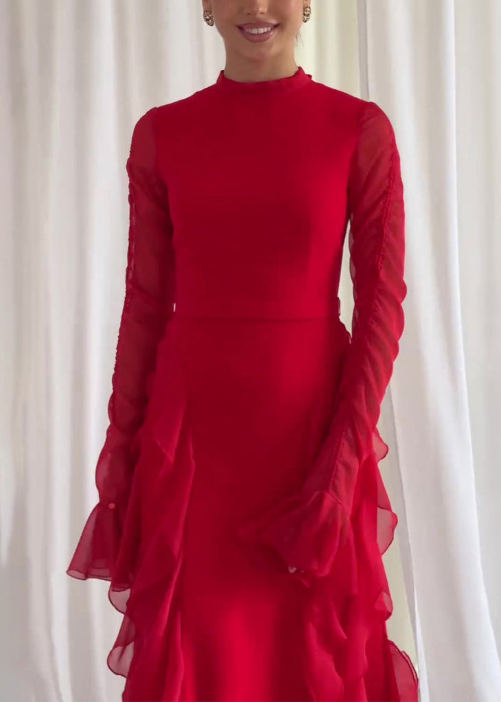 Style Pink Ruffled Patchwork Chiffon Long Dress Fall QL039 OM-ZS241023