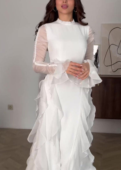 Style Pink Ruffled Patchwork Chiffon Long Dress Fall QL039 OM-ZS241023