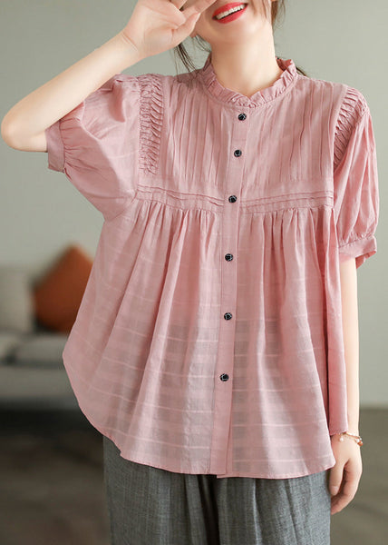 Style Summer Wrinkled Shirt Cotton Pink Ruffled FashionChic