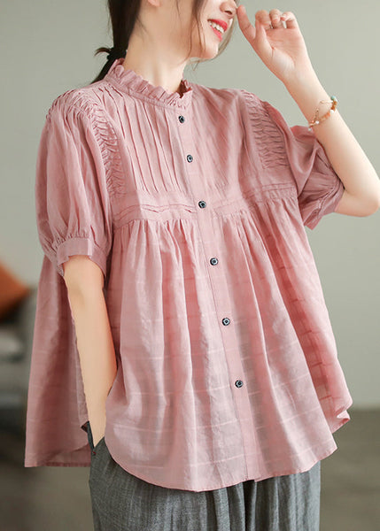Style Summer Wrinkled Shirt Cotton Pink Ruffled FashionChic