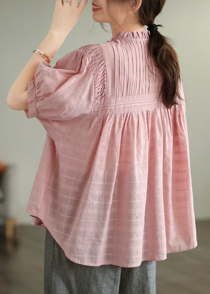 Style Summer Wrinkled Shirt Cotton Pink Ruffled FashionChic