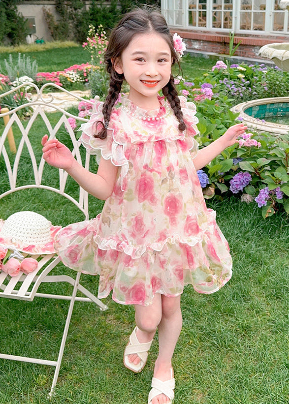 Style Pink Stand Collar Print Nail Bead Tulle Kids Mid Dress Summer XZ029 SDGM240618