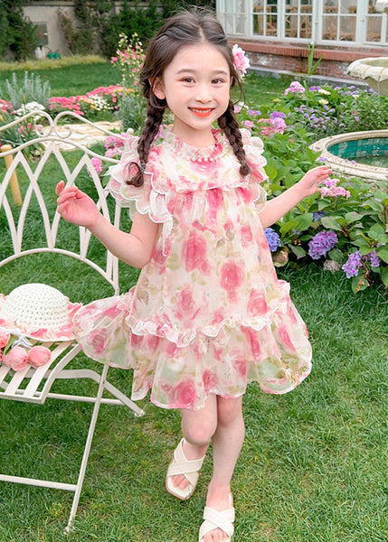 Style Pink Stand Collar Print Nail Bead Tulle Kids Mid Dress Summer XZ029 SDGM240618