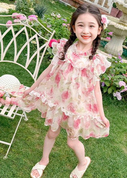 Style Pink Stand Collar Print Nail Bead Tulle Kids Mid Dress Summer XZ029 SDGM240618