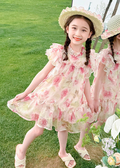 Style Pink Stand Collar Print Nail Bead Tulle Kids Mid Dress Summer XZ029 SDGM240618