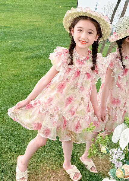 Style Pink Stand Collar Print Nail Bead Tulle Kids Mid Dress Summer XZ029 SDGM240618