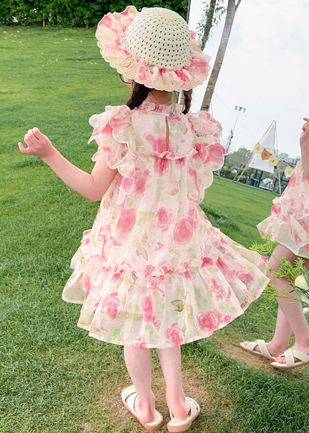 Style Pink Stand Collar Print Nail Bead Tulle Kids Mid Dress Summer XZ029 SDGM240618