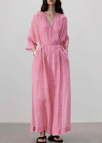 Style Pink V Neck Button Lace Up Linen Long Dress Summer AP079 GK-SDL240718