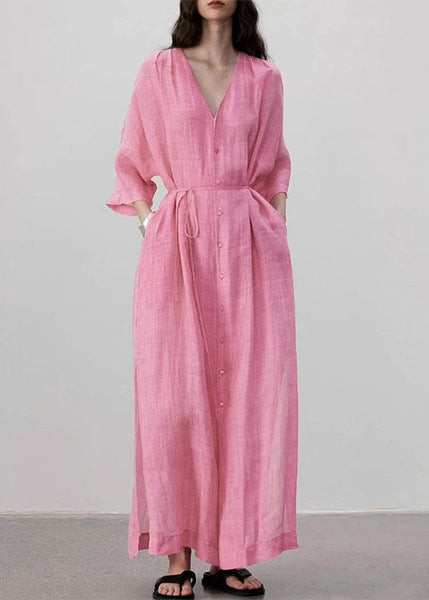 Style Pink V Neck Button Lace Up Linen Long Dress Summer AP079 GK-SDL240718