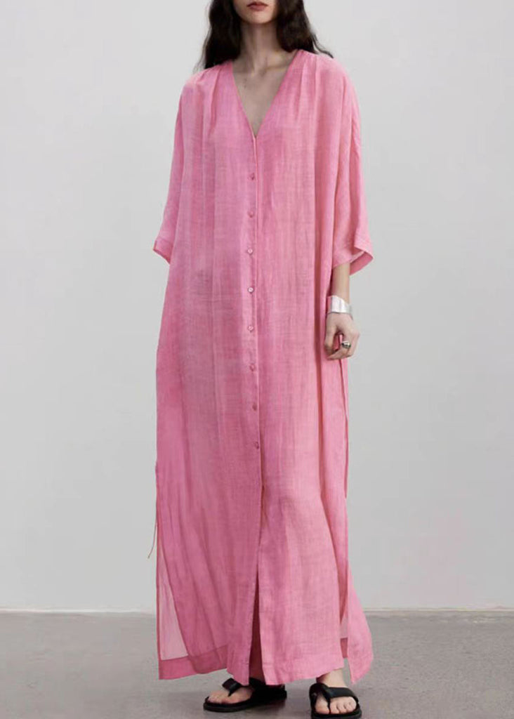 Style Pink V Neck Button Lace Up Linen Long Dress Summer AP079 GK-SDL240718