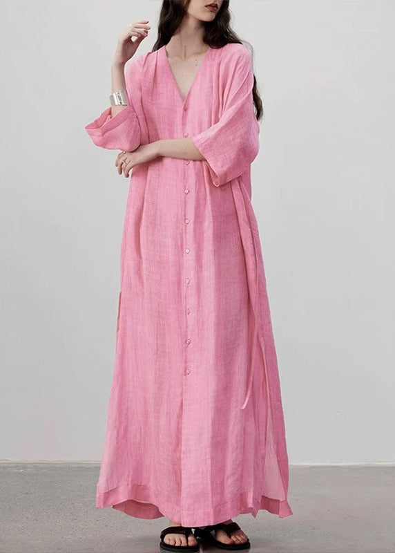 Style Pink V Neck Button Lace Up Linen Long Dress Summer AP079 GK-SDL240718