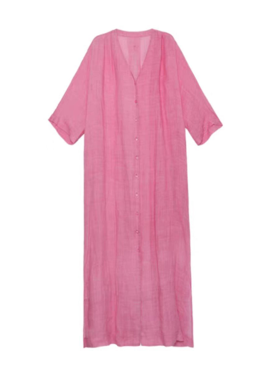 Style Pink V Neck Button Lace Up Linen Long Dress Summer AP079 GK-SDL240718