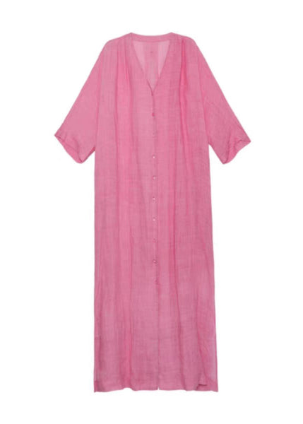 Style Pink V Neck Button Lace Up Linen Long Dress Summer AP079 GK-SDL240718
